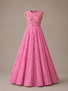 GULAB Pink Gold Fringe Embroidered Gown by Subhai Apparel